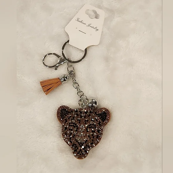 Leopard Brown Rhinestone Keychain Bag Charm - Picture 1 of 3
